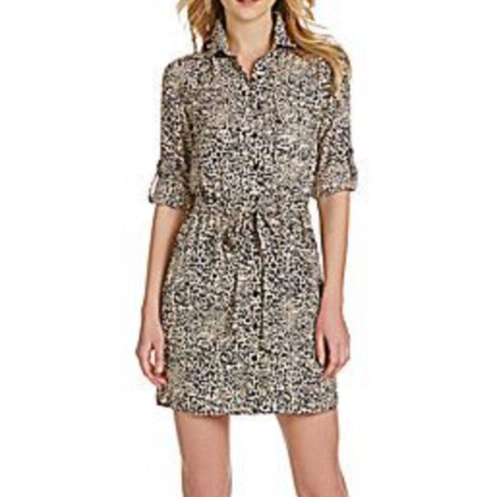 COLLECTIVE CONCEPTS Cream Beige Navy Blue Cheetah Leopard Animal Shirt Dress XS